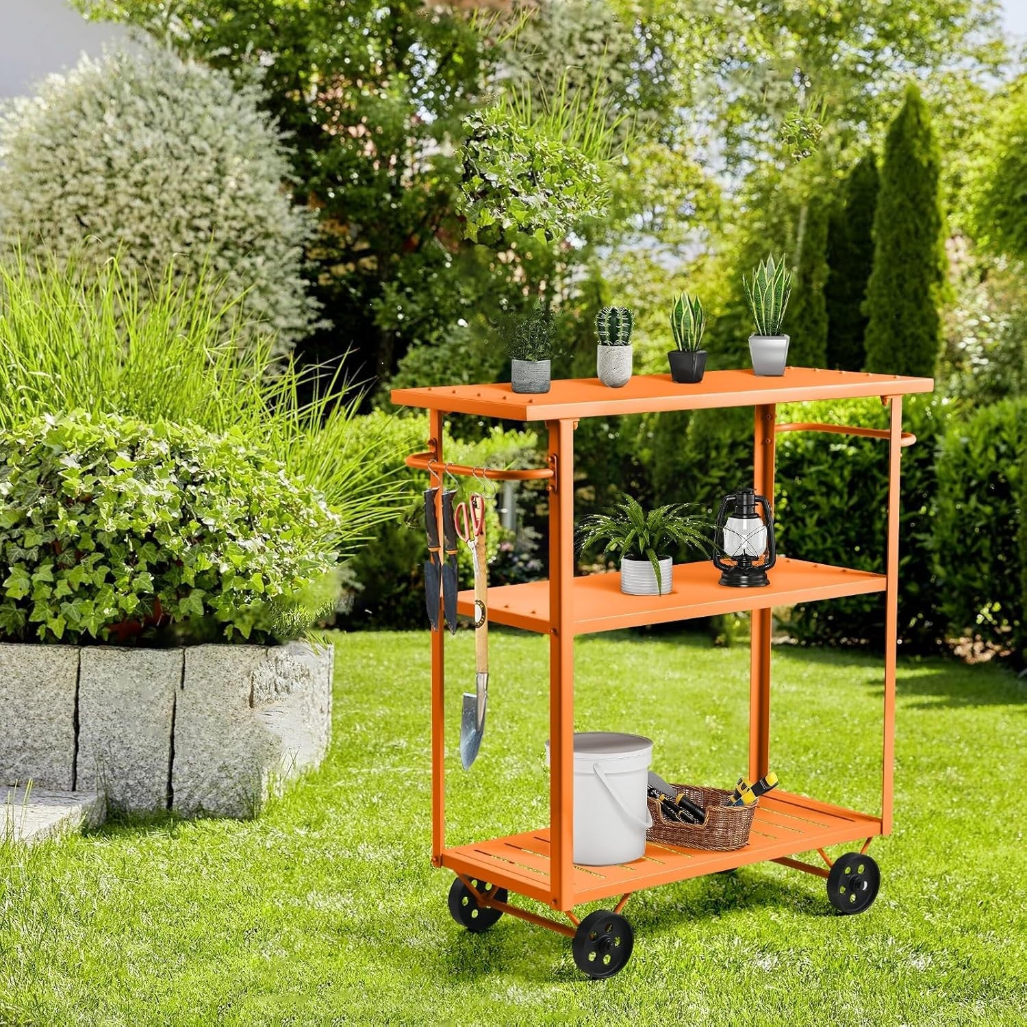 Industrial Bar Cart on Wheels 3 Tier Metal Serving Trolley with Handle