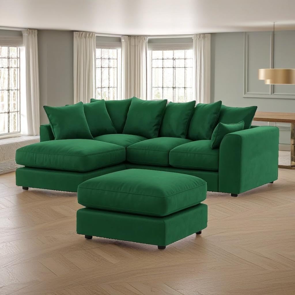 Green Velvet 4 Seater L Shape Corner Sofa with Footstool – Plush Memory Foam