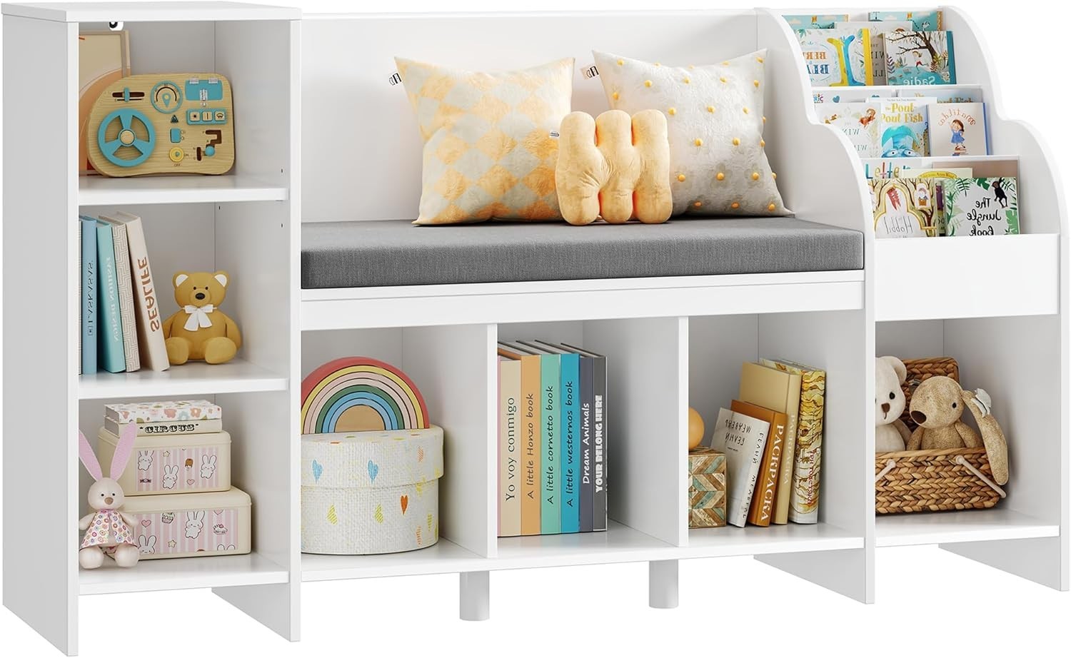 Kids Toy Storage Bookcase with Reading Nook Bench – 7 Cube Shelf 138cm
