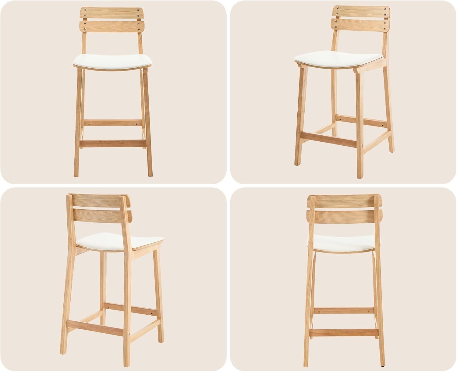 Wood Bar Stools Set of 2 Beige PU Leather Farmhouse Counter Chairs