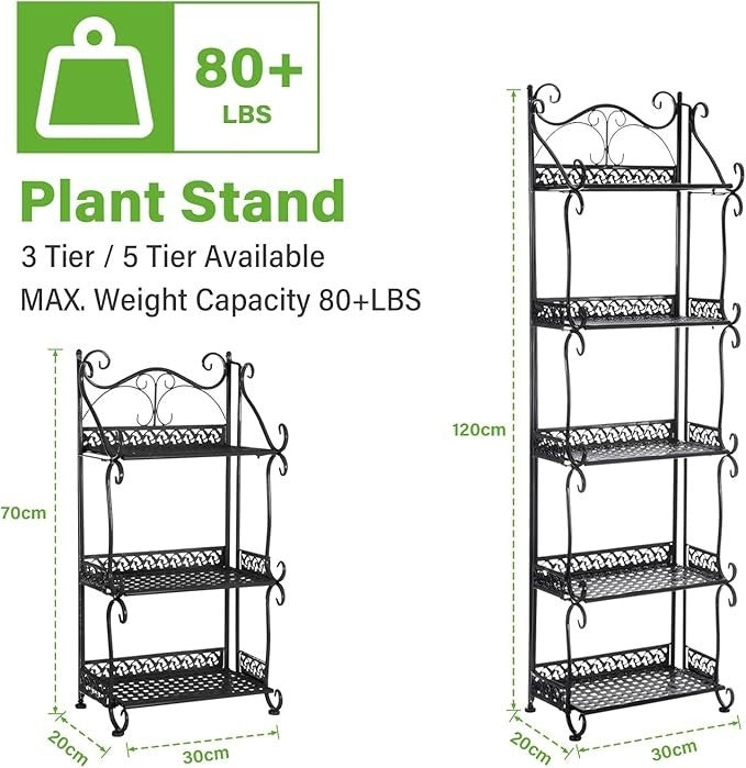 3 Tier Metal Plant Stand Black Foldable Iron Flower Pot Shelf Indoor Outdoor