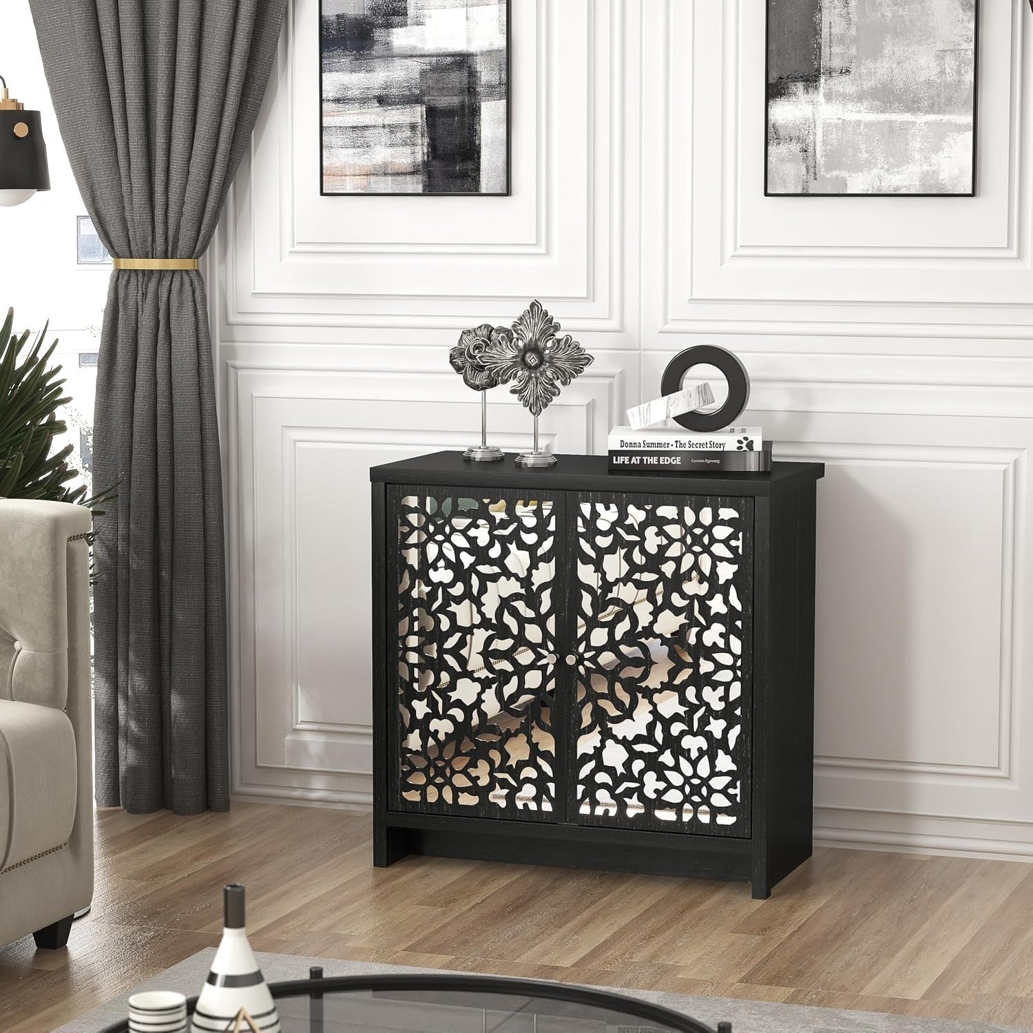 Modern Black Oak Sideboard with Mirror Laser Cut Doors Adjustable Shelf