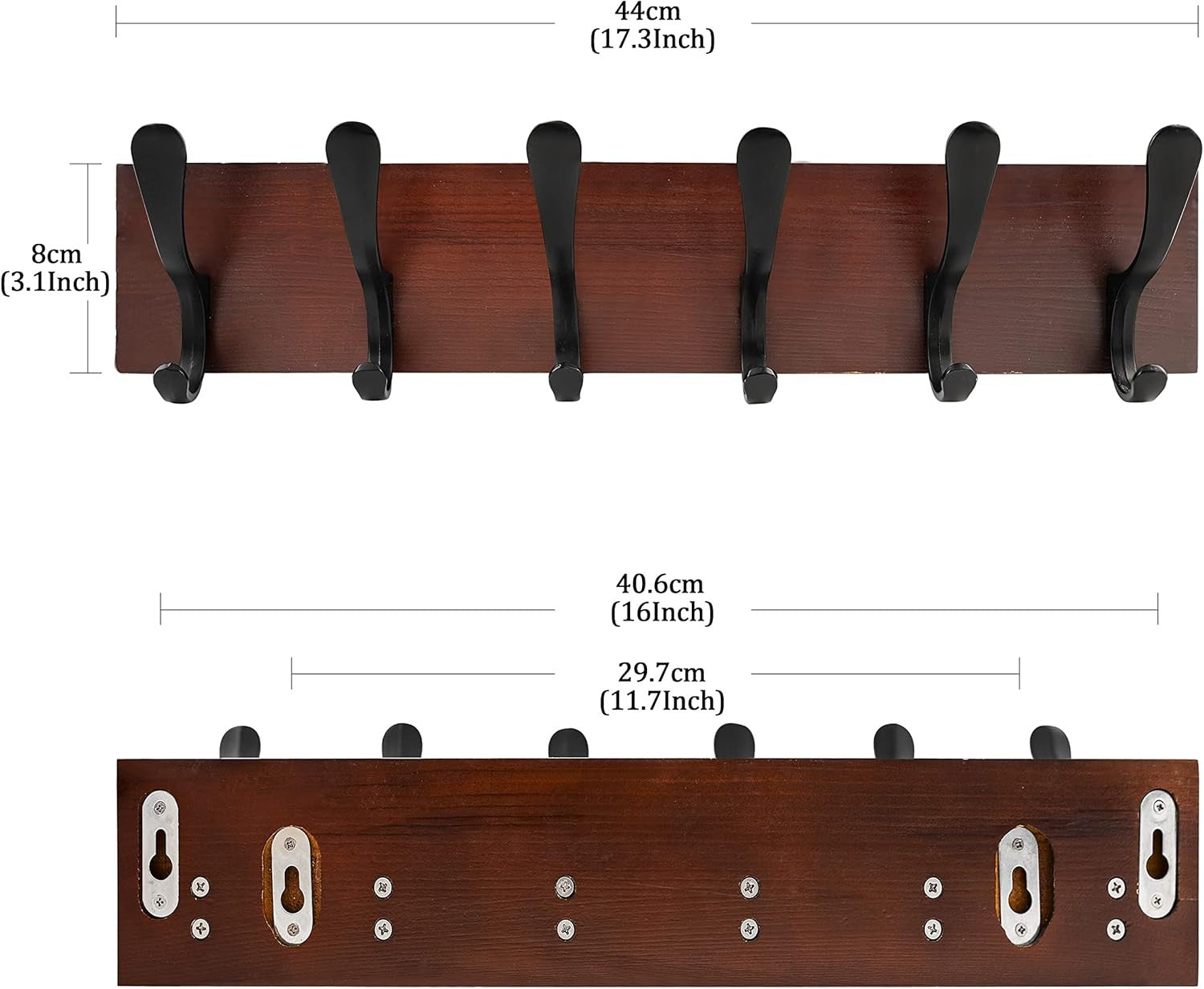 Wooden Wall Coat Rack Set | 2x 6 Hook Hanger Racks Brown & Black Finish