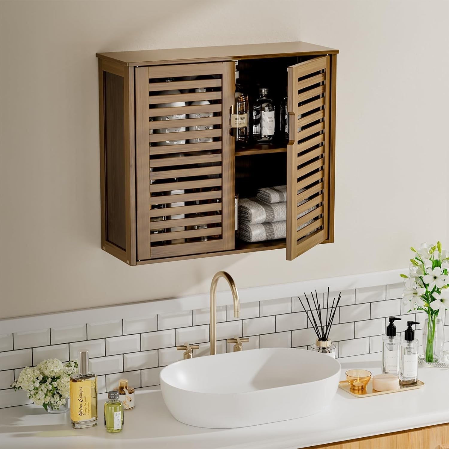 Bamboo Wall Mounted Bathroom Cabinet 2 Doors Adjustable Shelf Storage