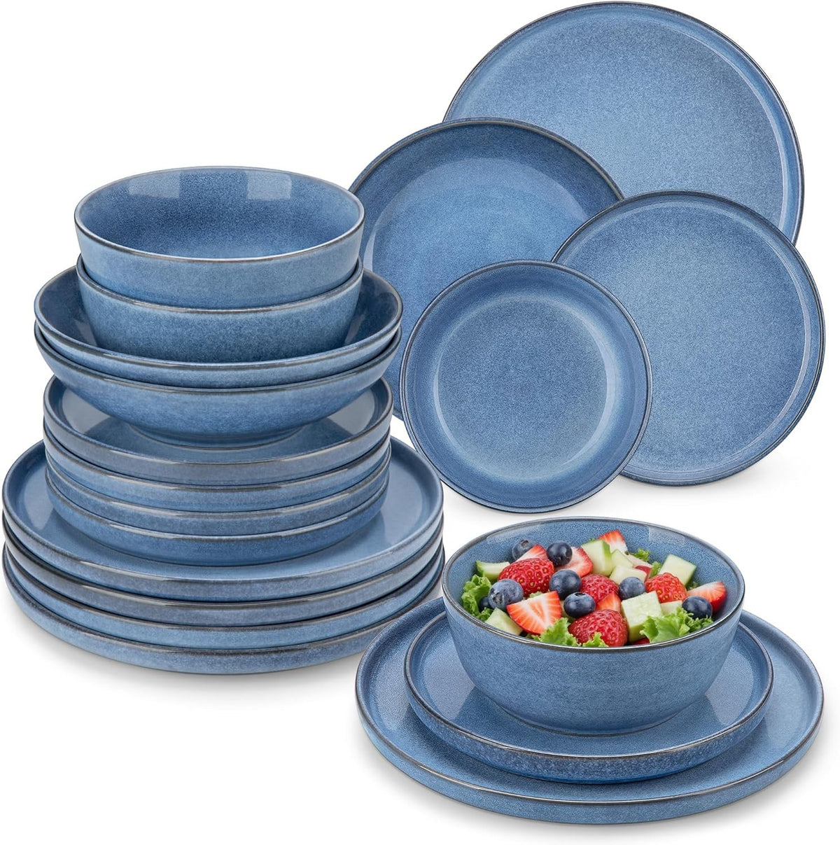 24pc Ceramic Dinner Set Blue Plates Bowls Microwave Dishwasher Safe