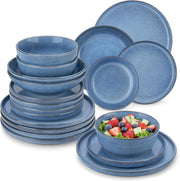 24pc Ceramic Dinner Set Blue Plates Bowls Microwave Dishwasher Safe