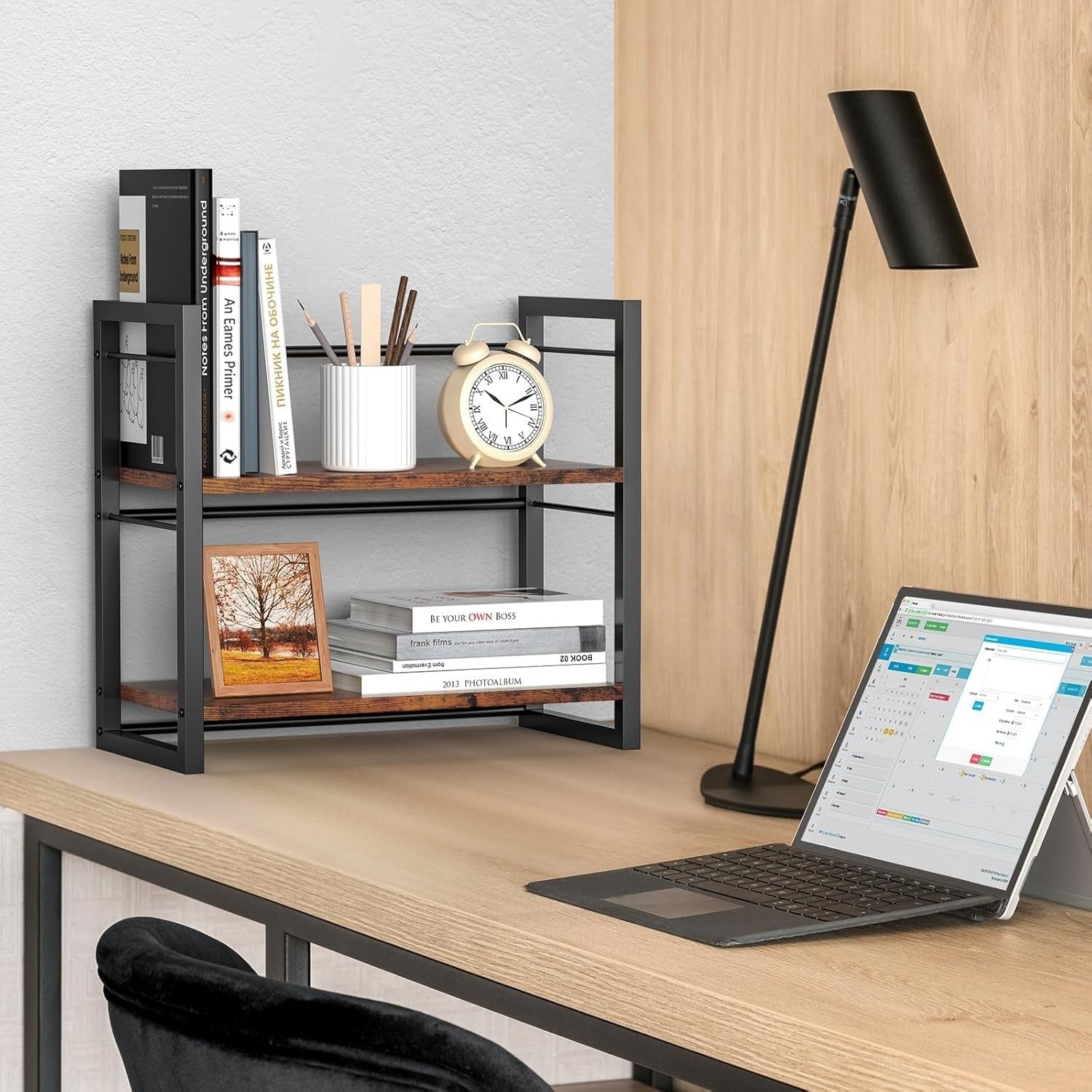 Wood Desk Shelf Organizer 2 Tier Desktop Storage Rack for Office Home Brown