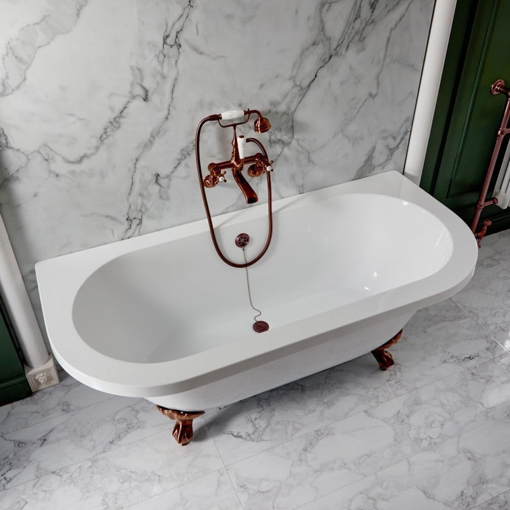 1685x780mm Double Ended Freestanding Back to Wall Bath White Acrylic w/ Copper