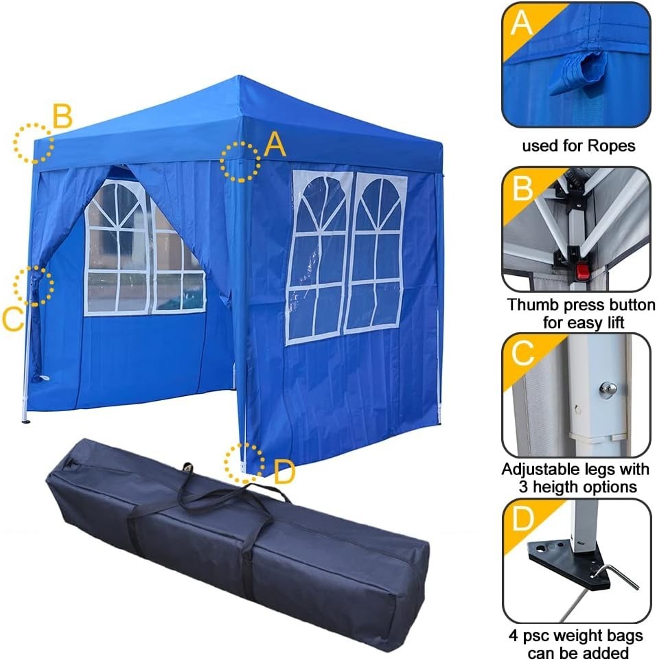 2x2m Blue Pop-Up Gazebo Marquee Tent with 4 Polyester Sidewalls Garden Canopy