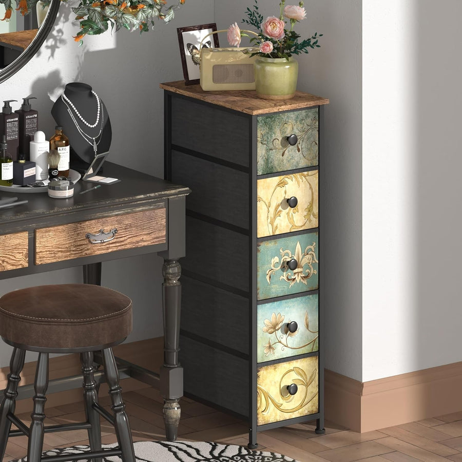 Slim 5 Drawer Tall Storage Cabinet Rustic Boho Unit Bedroom Hallway