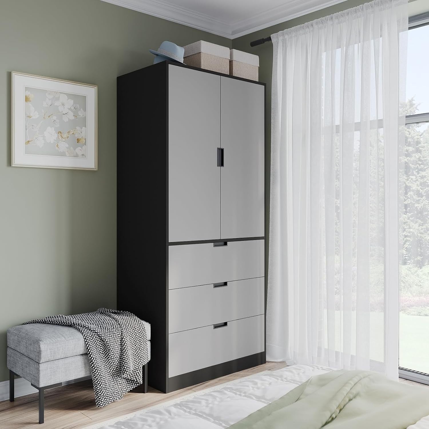 Grey 2 Door Wardrobe with Drawers & Hanging Rail Modern Storage Unit