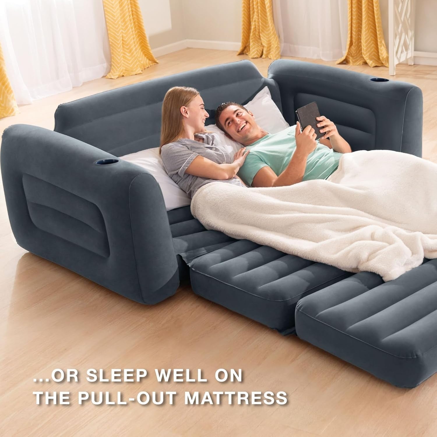 Queen Inflatable Sofa Bed 2-in-1 Air Grey Mattress Waterproof Flocked Top