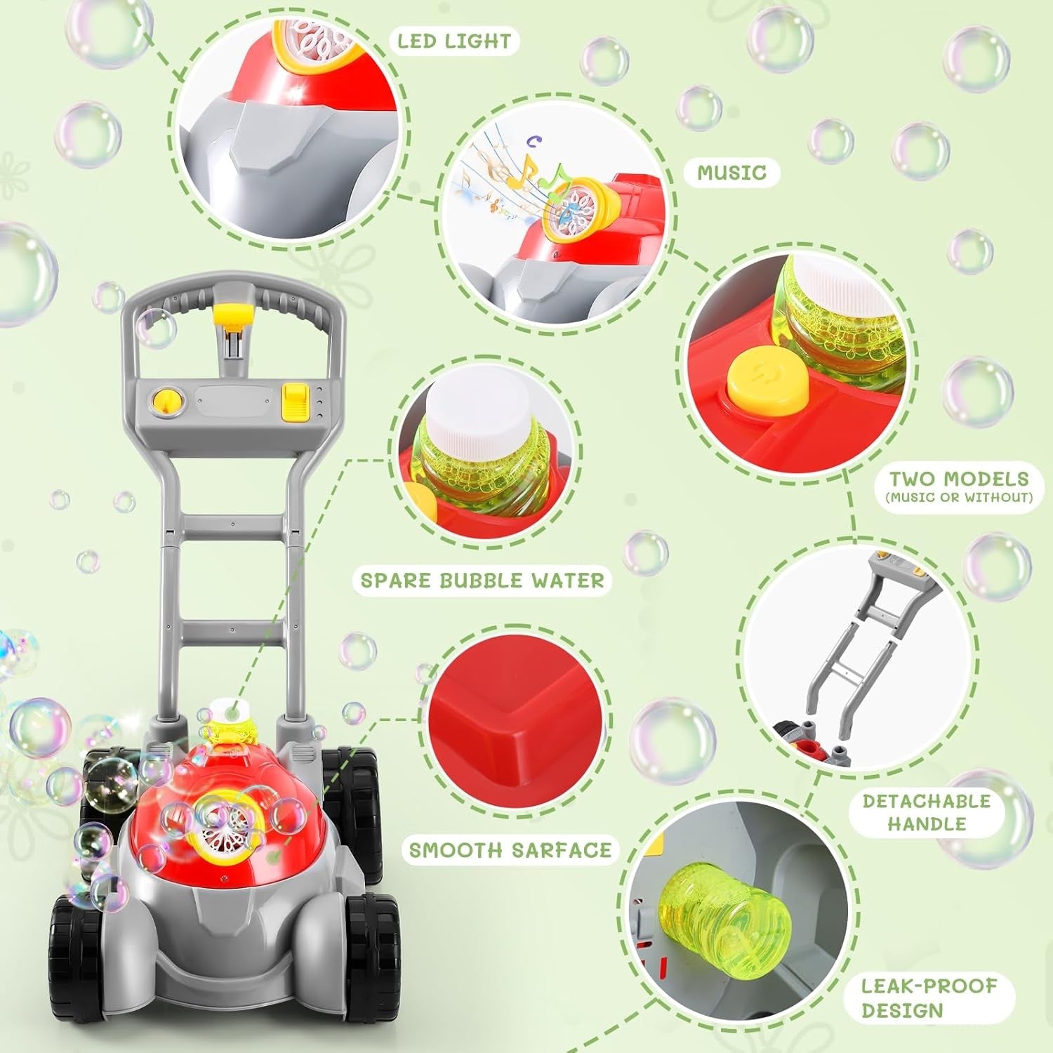 Lawn Mower Bubble Machine with Light Music Kids Push Toy