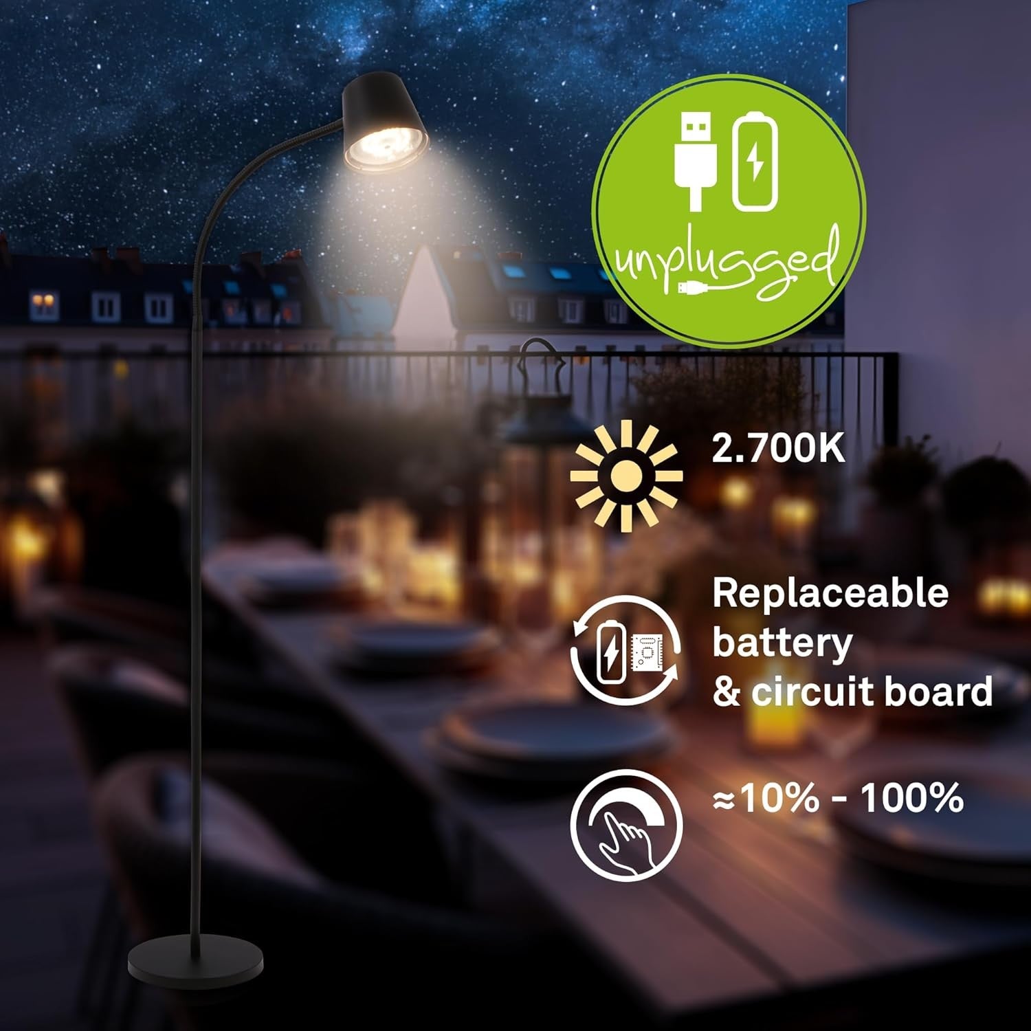 Cordless LED Floor Lamp Touch Control Dimmable Rechargeable Reading