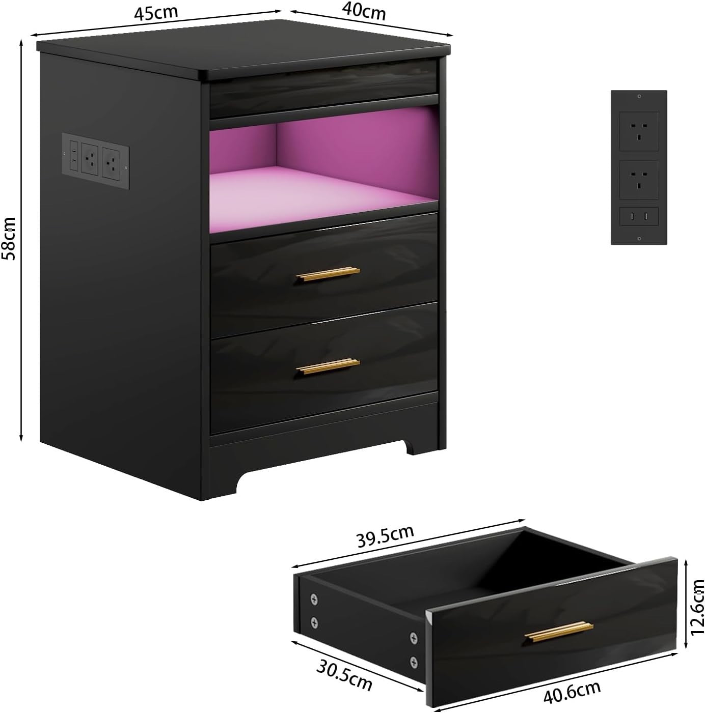 Black LED Bedside Table with USB Charging Ports, Lockable Drawers & RGB Lights