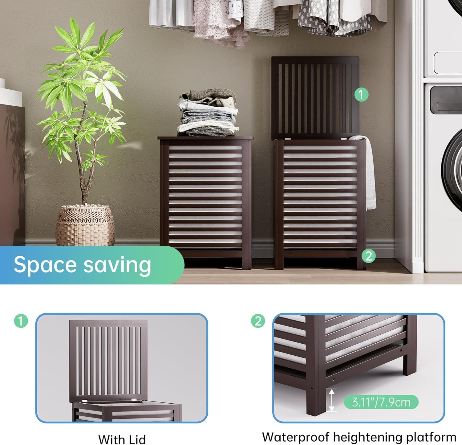Double Bamboo Laundry Hamper with Lid 120L 2 Section Basket Brown 47x47x65cm
