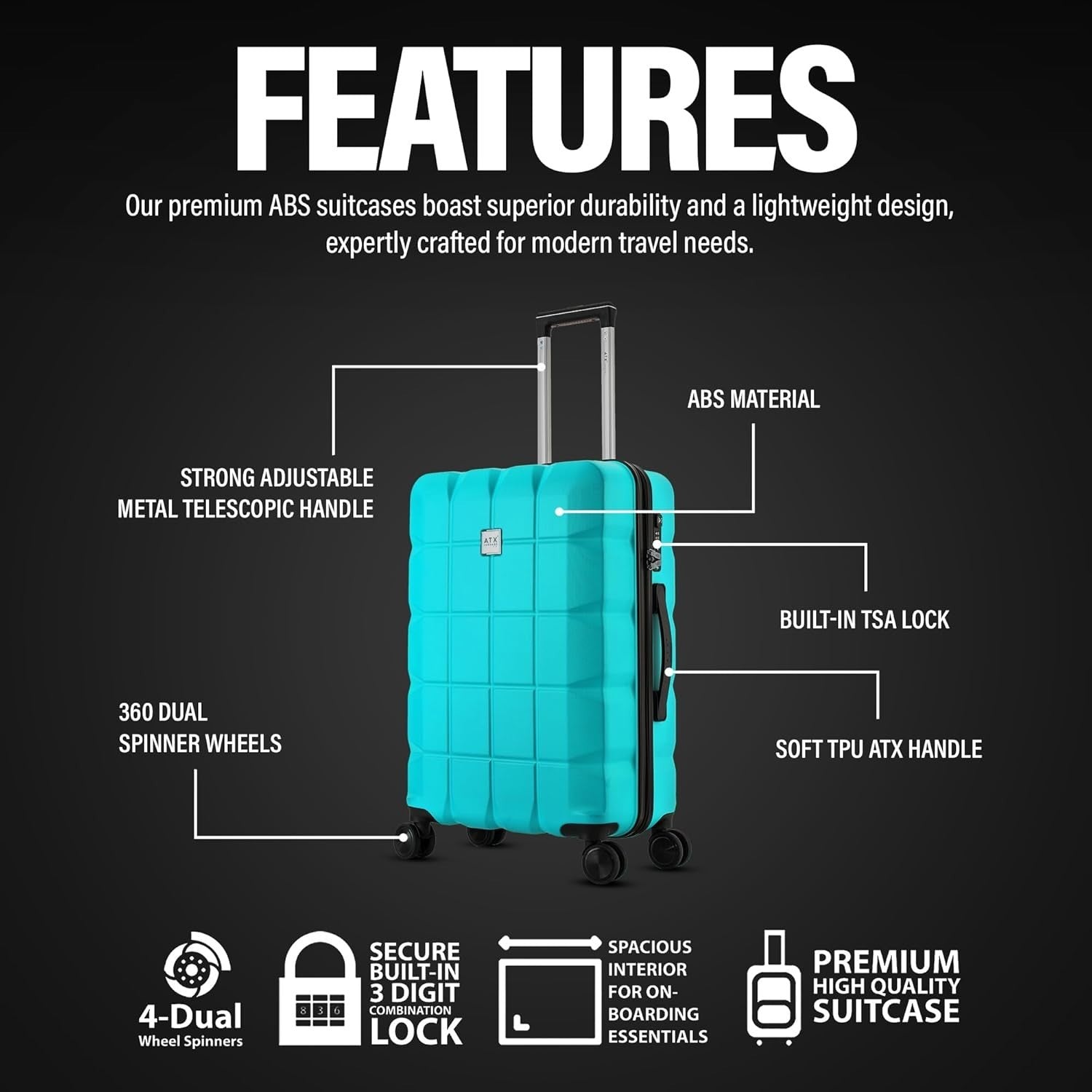 Medium ABS Hard Shell Suitcase 4 Spinner Wheels TSA Lock 65L Mint