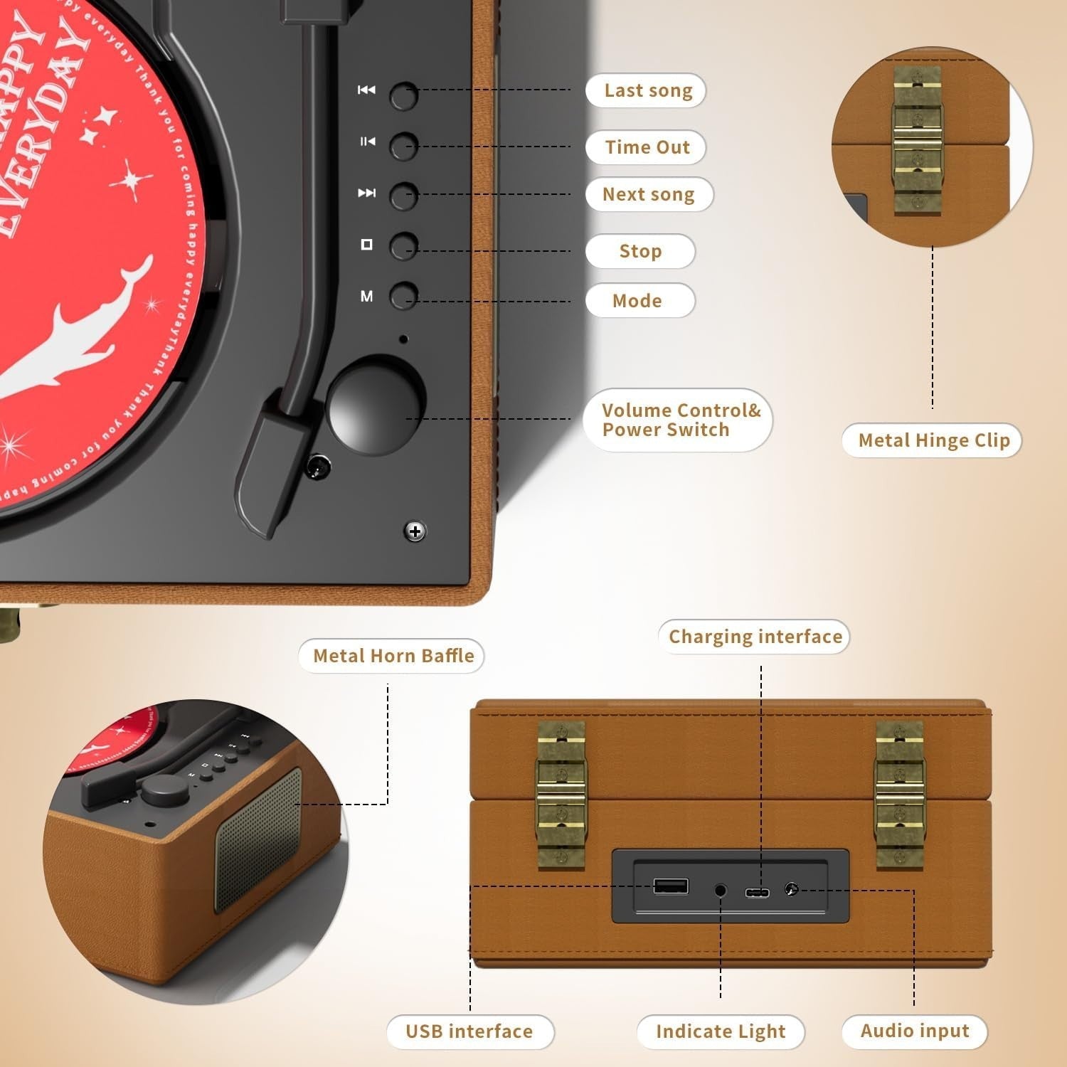 Brown Leather CD Player w Speakers Rechargeable Home Decor Music Box