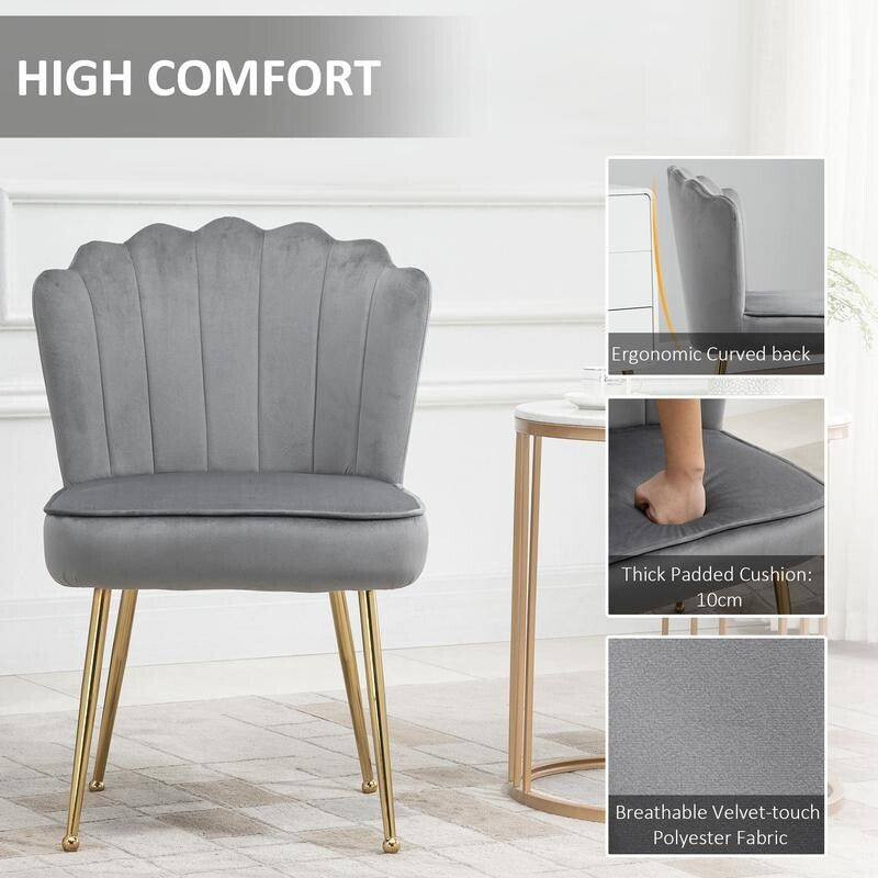 Grey Velvet Shell Chair Gold Legs | Glam Makeup Seat Padded Accent Chair
