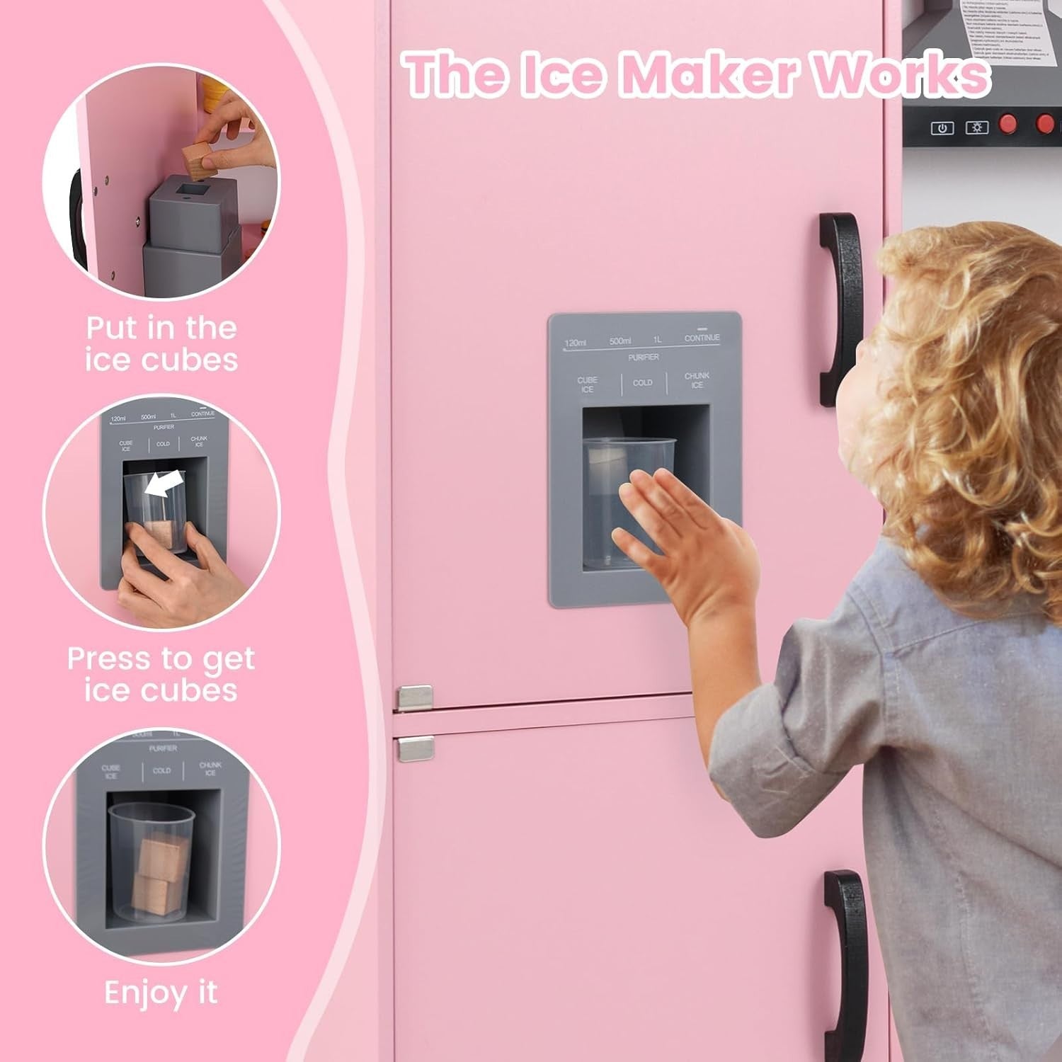 Kids Corner Play Kitchen Wooden Toy Set Light Sound Ice Dispenser Pink