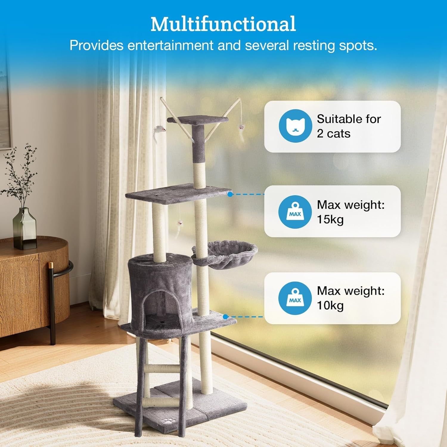 Cat Tree 146cm Multi Level Tower With Scratching Posts Condo & Hammock Grey