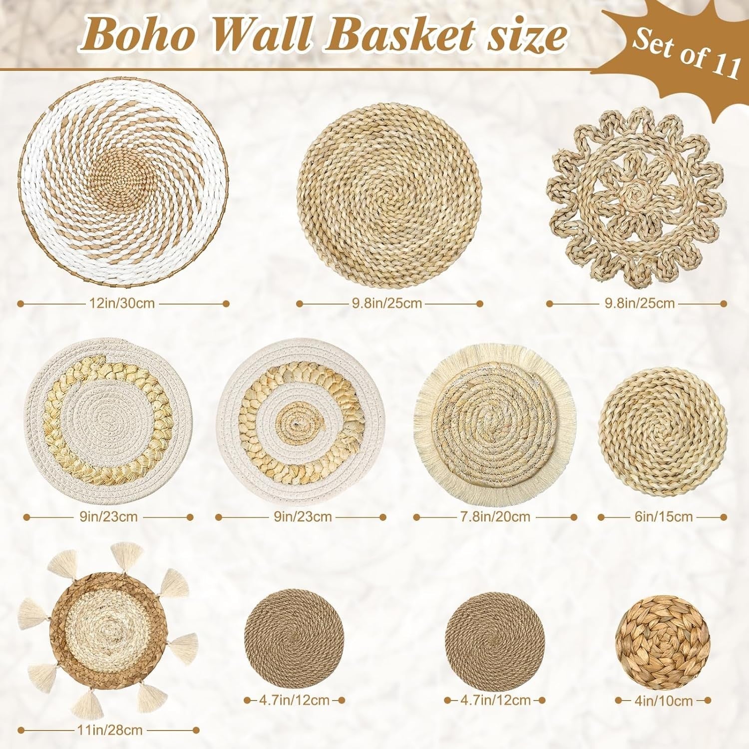 Boho Woven Wall Basket Set 11pcs Rattan Wicker Decor