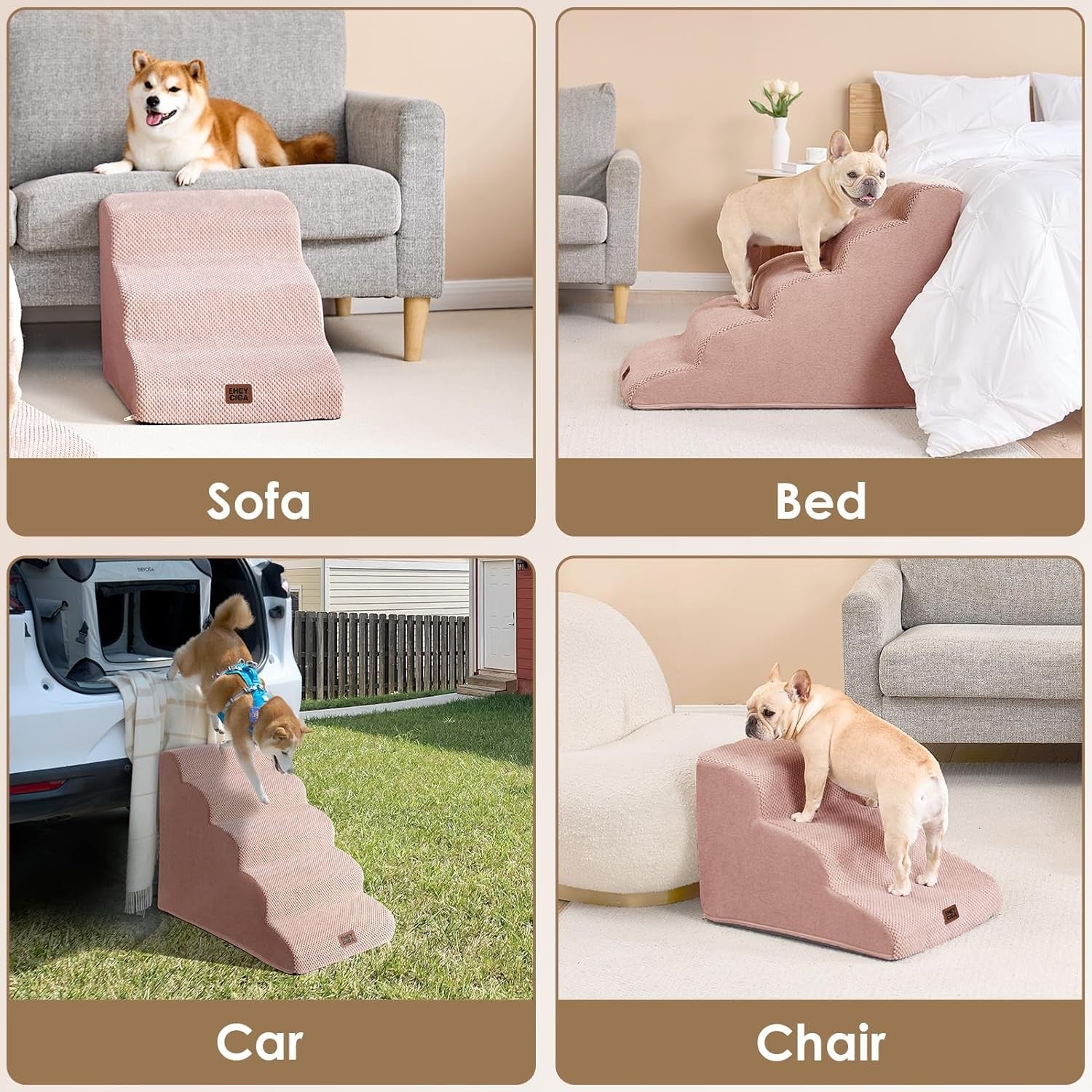 3 Step Dog Stairs for Bed Non Slip Foam Pet Steps Dusty Pink