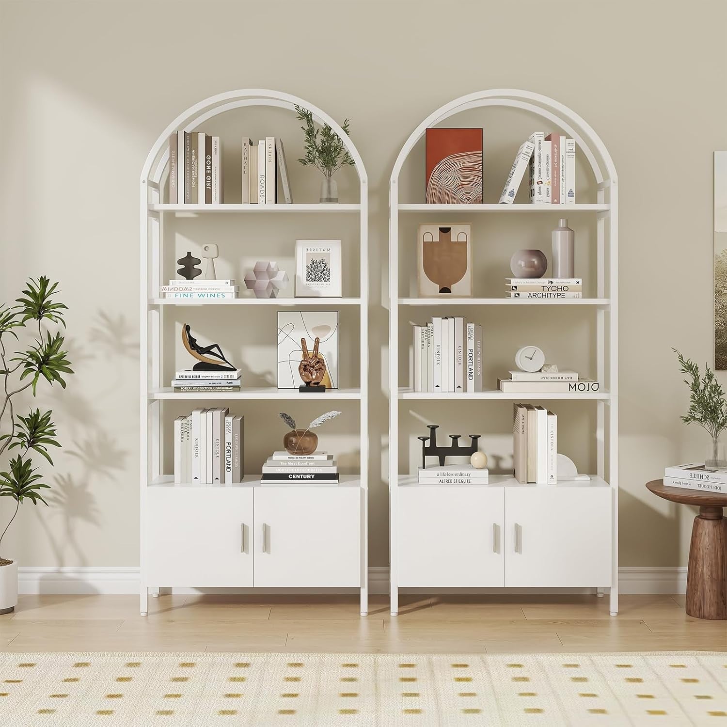 Tall Arched Bookshelf with Drawers 5 Tier Metal Frame Display Shelf White