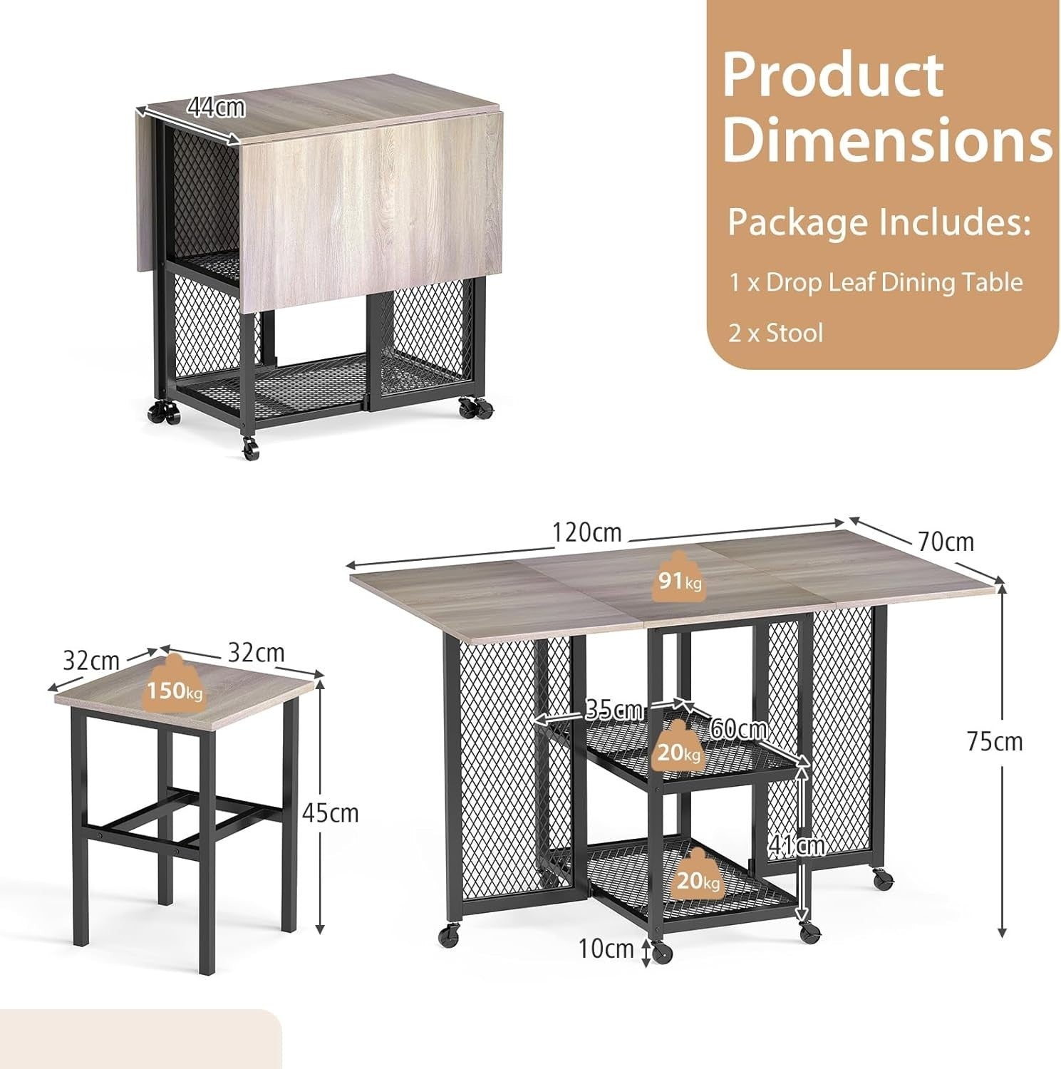 Compact Folding Dining Table Set with Stools & Storage Shelves 120cm