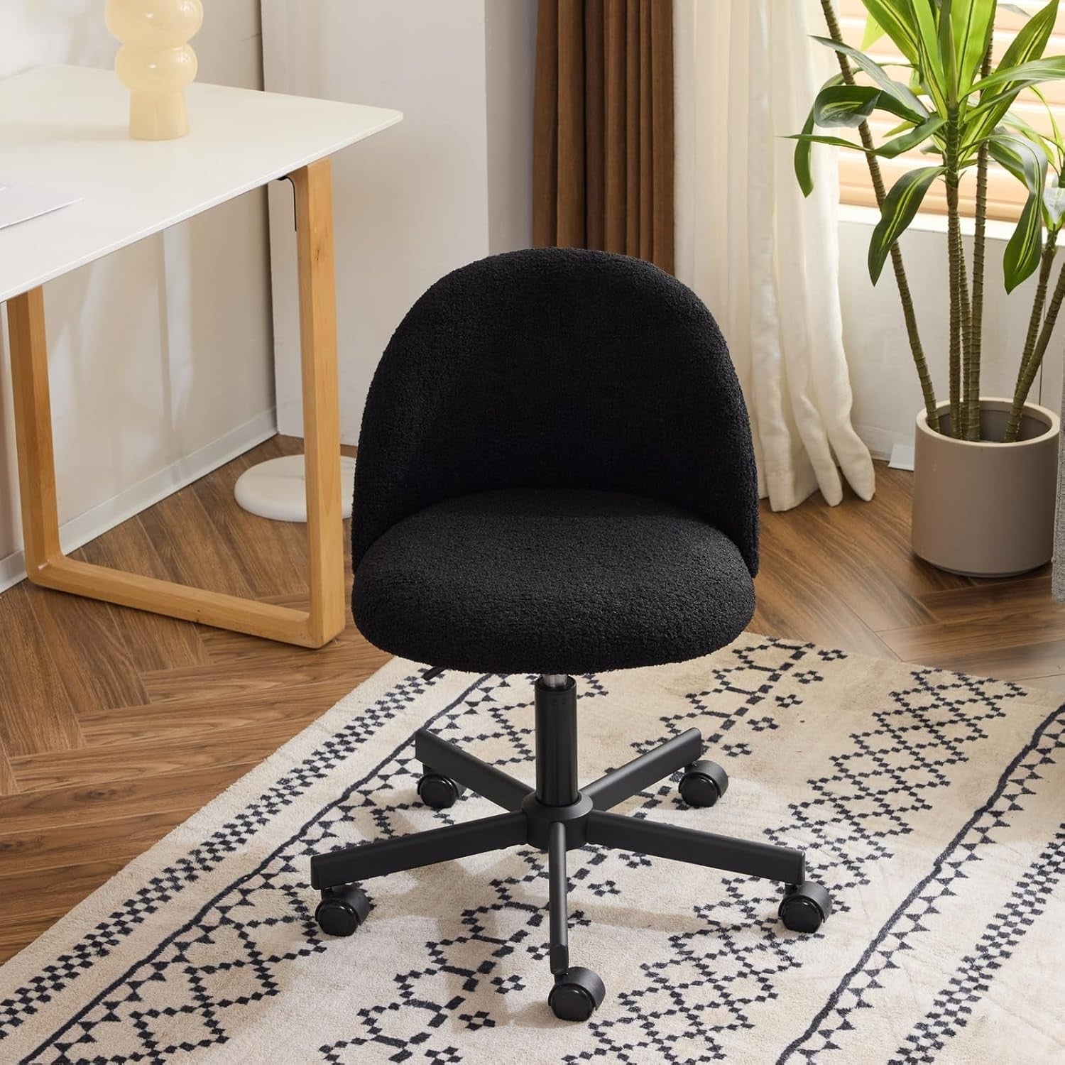 Jet Black Teddy Fleece Adjustable Desk Chair – Comfy Swivel Office Vanity Seat