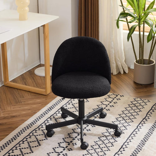 Jet Black Teddy Fleece Adjustable Desk Chair – Comfy Swivel Office Vanity Seat