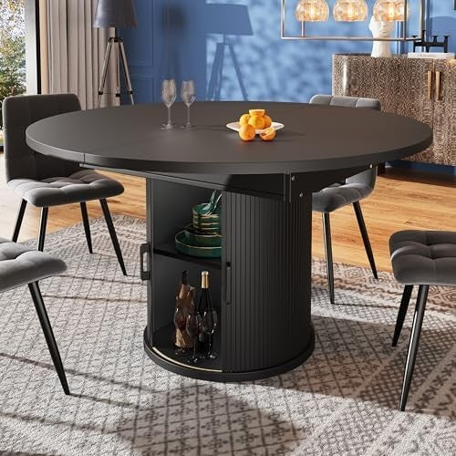 Extendable Round Dining Table Black Storage 118-158cm Oval