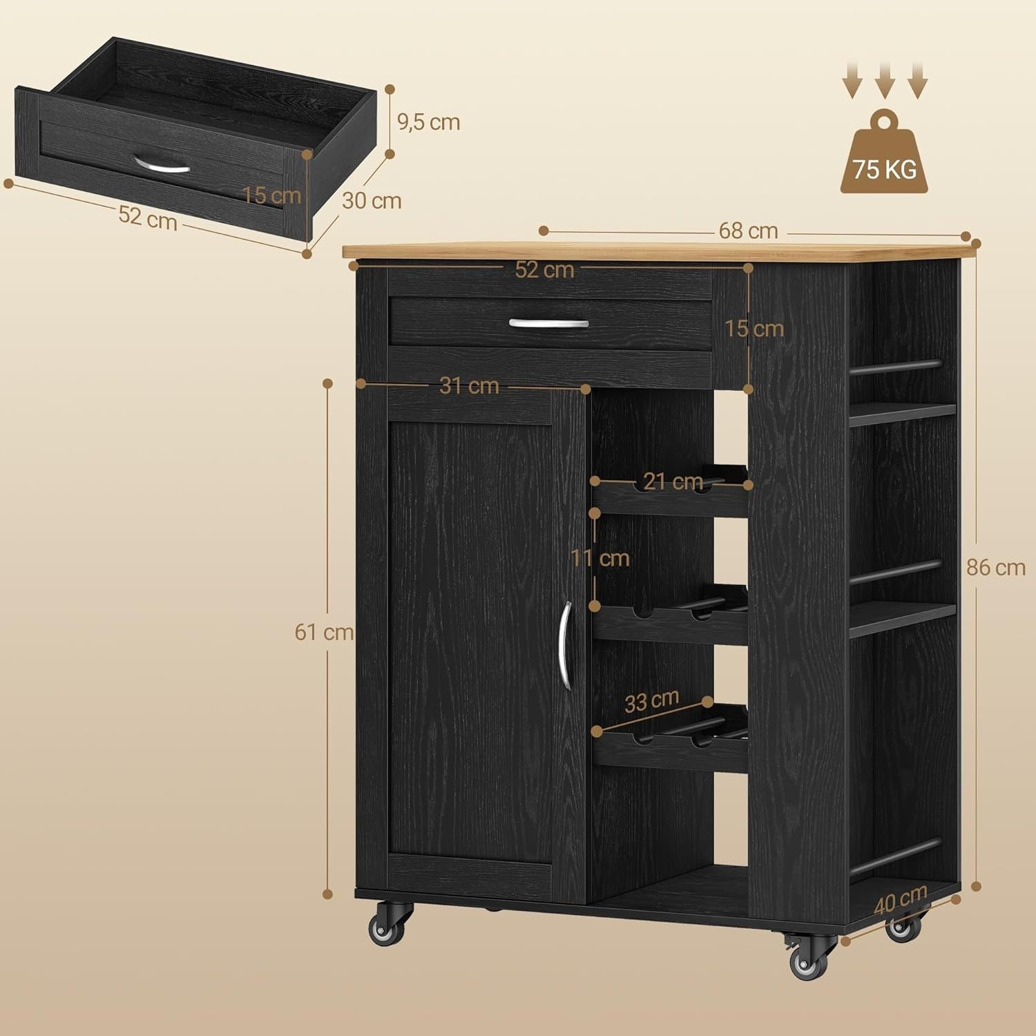 Black Rolling Kitchen Island Cart Wine Rack Drawers Shelves