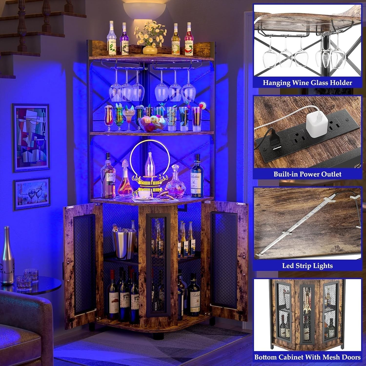 Corner Bar Cabinet with LED Lights & Power Outlets, 5-Tier Rustic Liquor Display