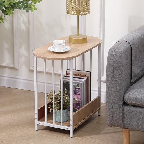 Slim Oval Side Table with Storage, Maple Small End Table for Living Room