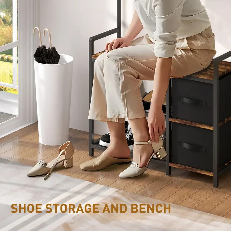 Rustic Coat Rack Bench with Hooks & Drawers – Hallway Storage Stand