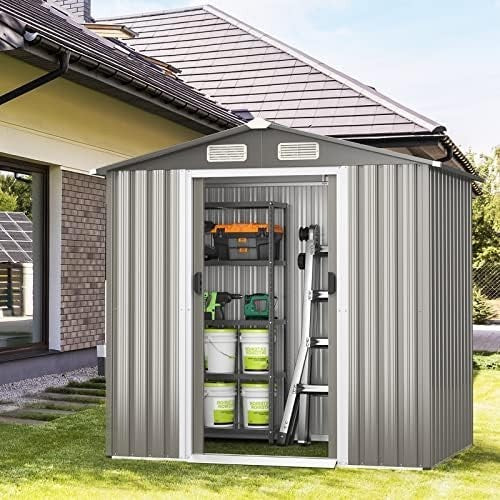 6x4FT Metal Garden Storage Shed with Vents, Sliding Door & Ramp, Weatherproof