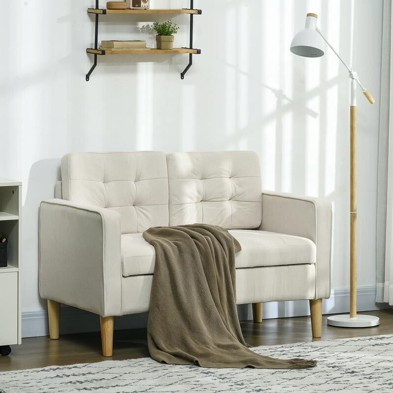 Modern 2 Seater Sofa w/ Storage, Tufted Cream Cotton Couch, Wood Legs 117cm