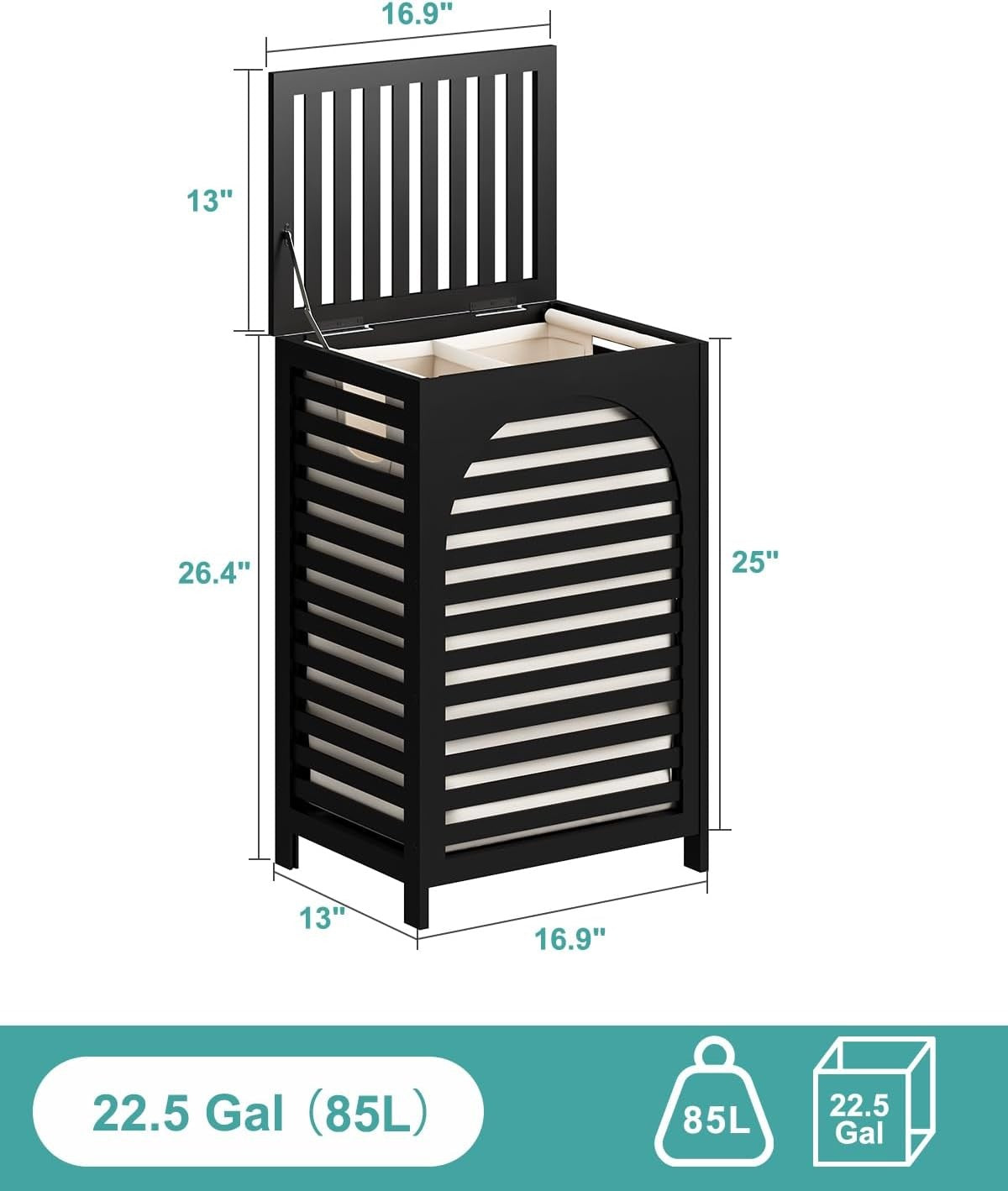 Black Bamboo Laundry Hamper 85L with Lid & Removable Liner | Ventilated Clothes