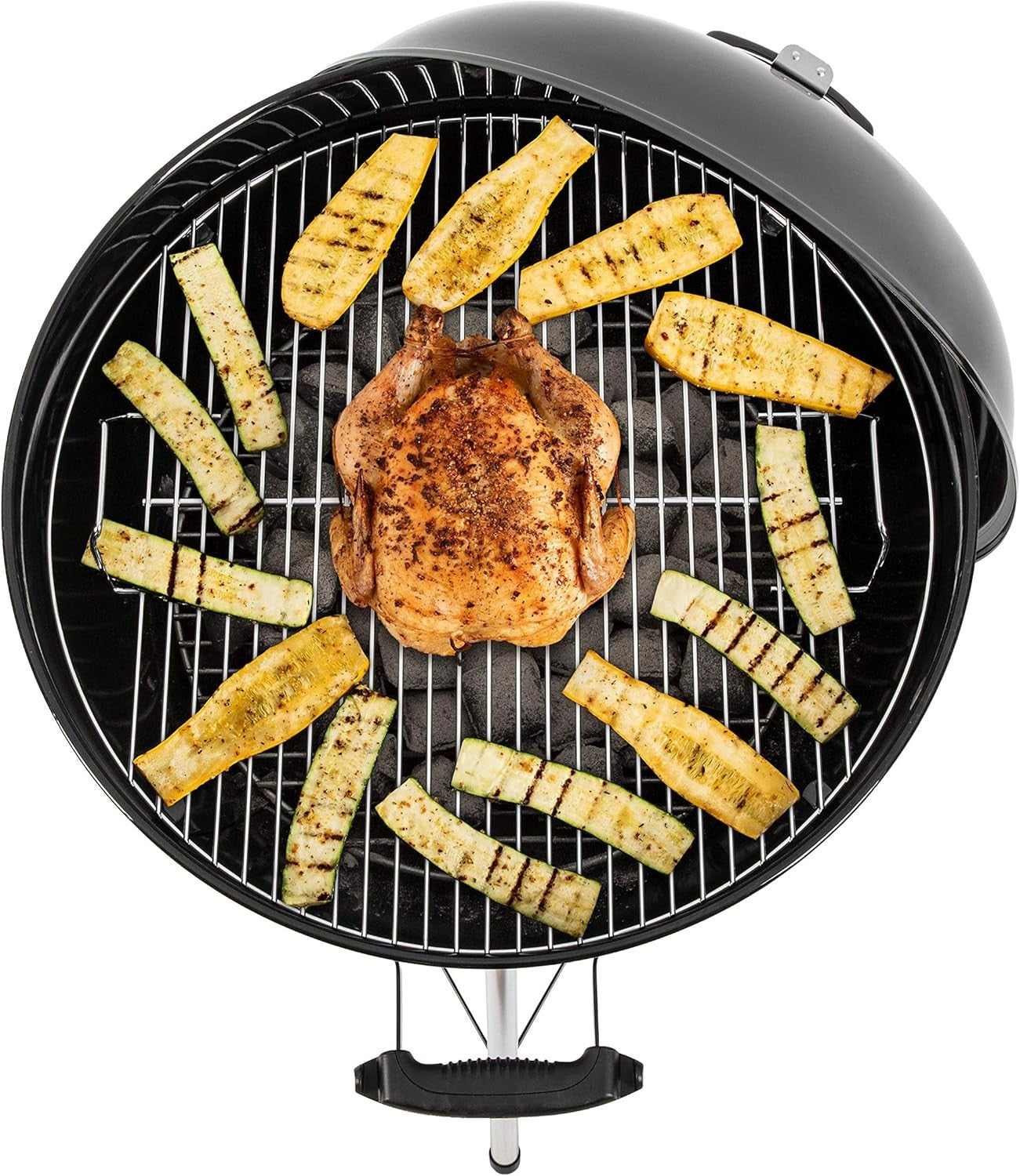 57cm Charcoal BBQ Grill with Lid Thermometer, Wheels & One-Touch Cleaning