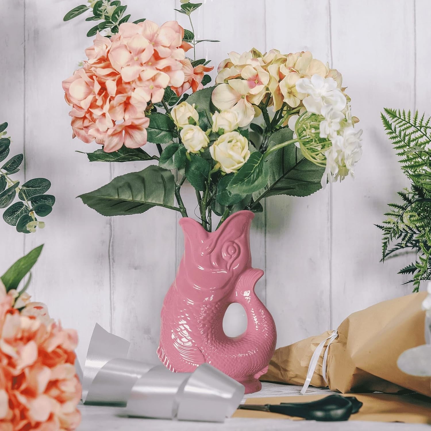 XL 1.2L Pink Gluggle Jug – Ceramic Fish Water Pitcher, Cocktail & Wine Decanter