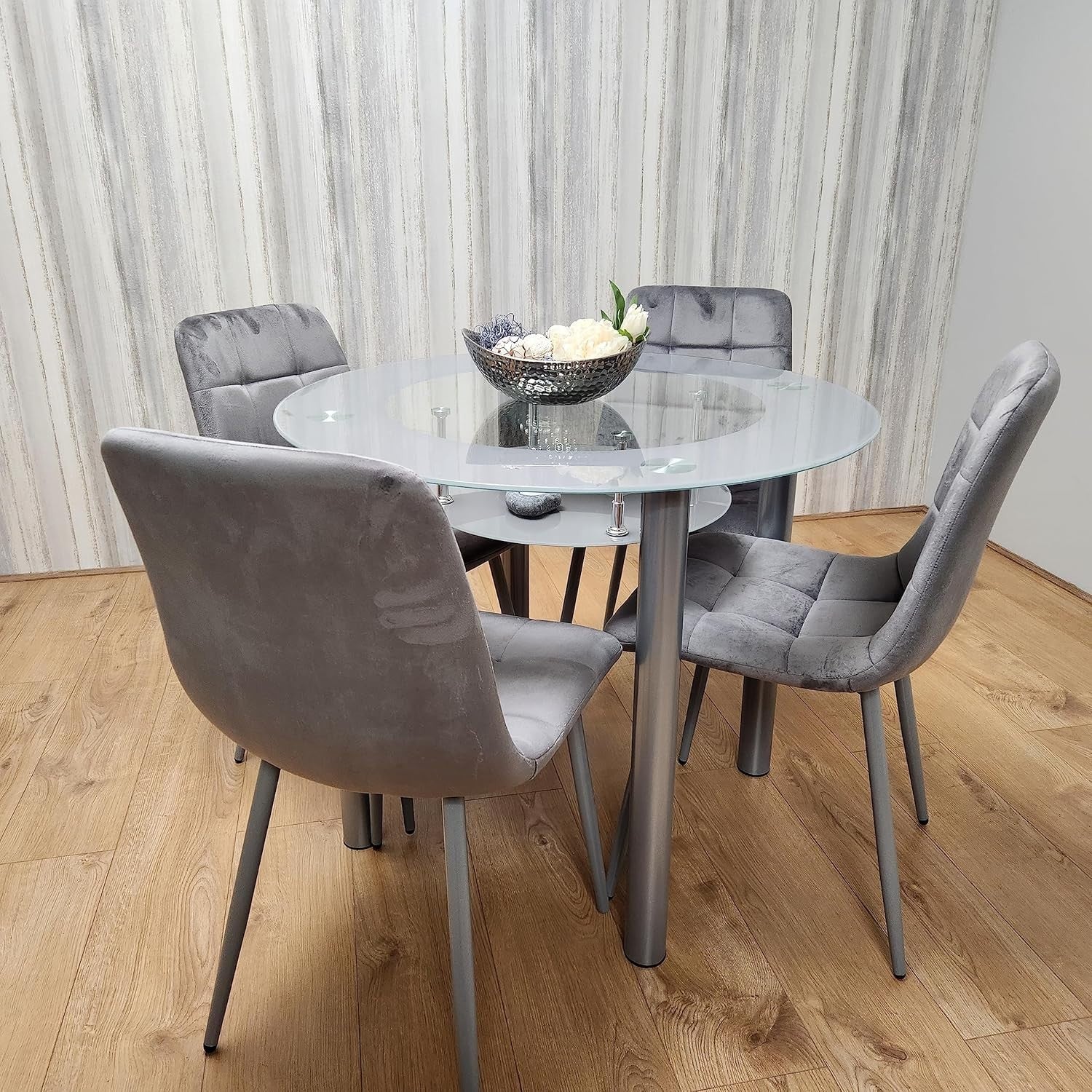 Round Glass Dining Table Set Grey Velvet Chairs | Modern Kitchen Storage