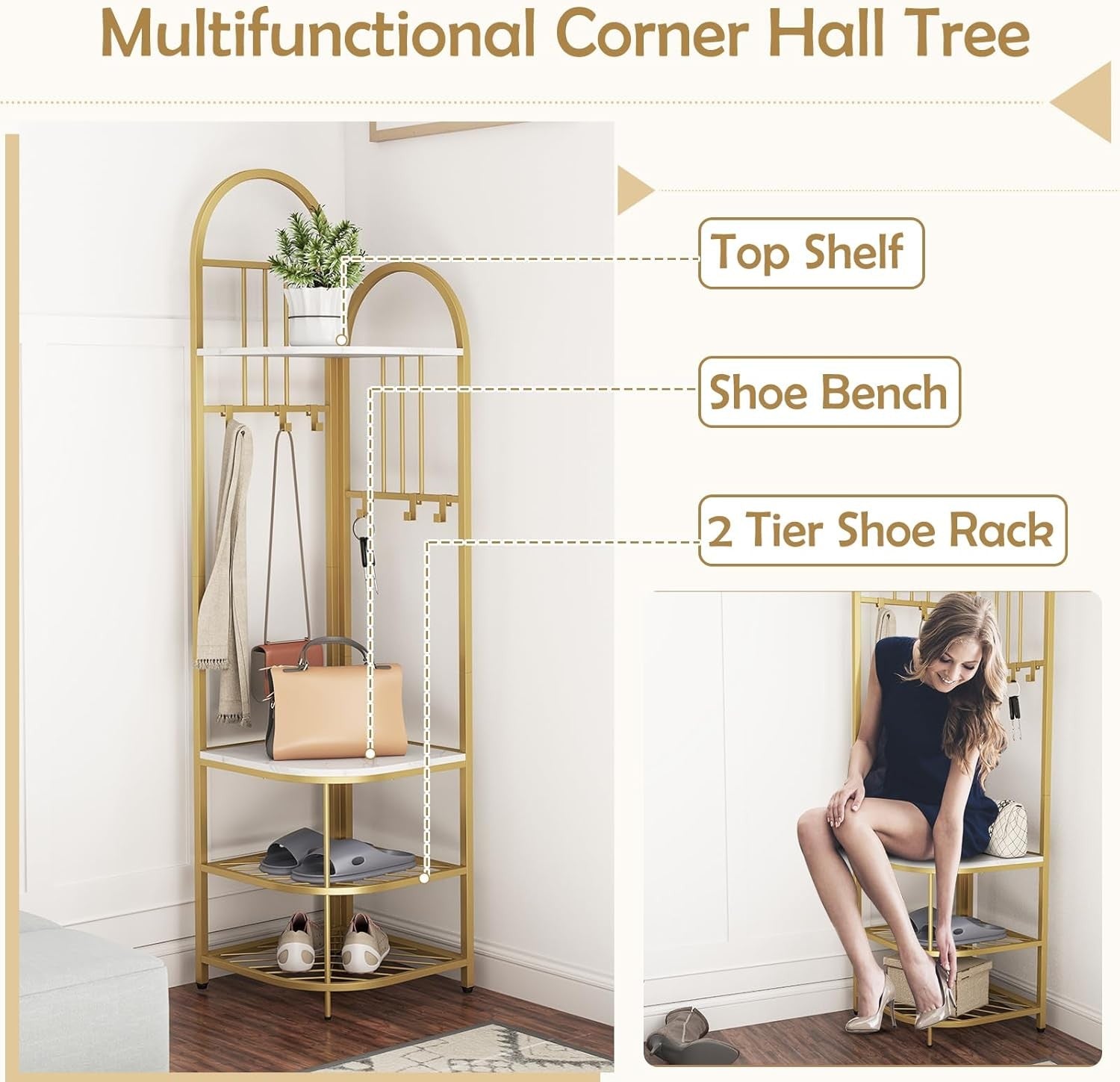 White Gold Corner Coat Rack 4-Tier Hall Tree with Shoe Bench & 6 Hooks