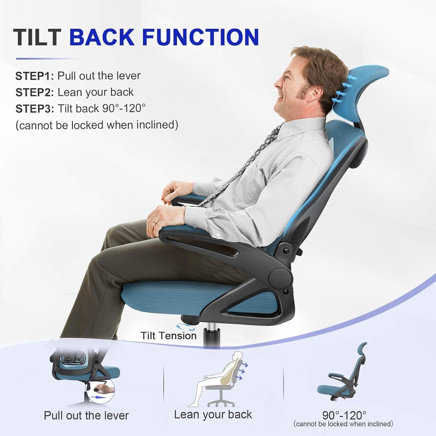 Ergonomic High Back Mesh Office Chair Adjustable Lumbar Headrest Desk Seat Blue