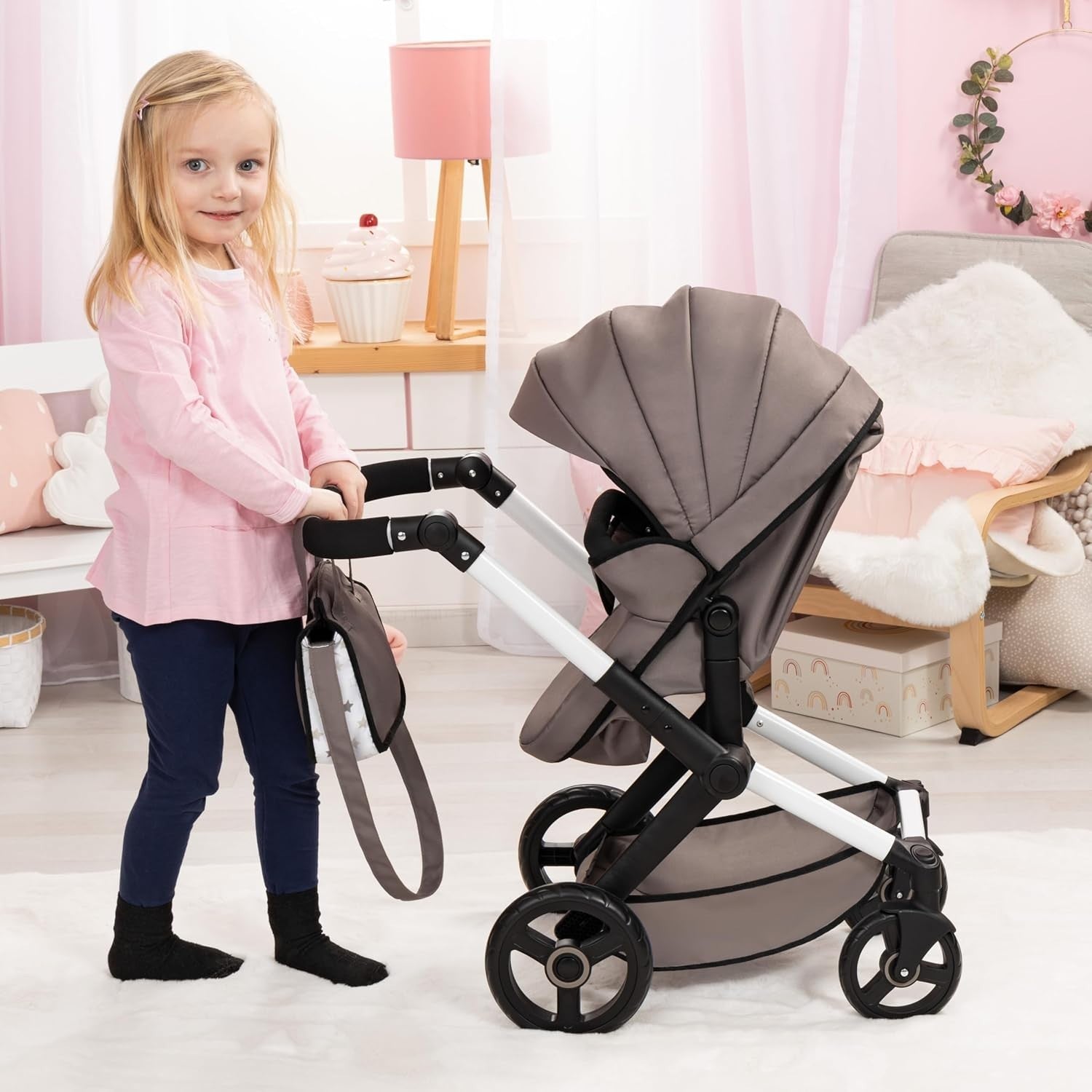 Modern Doll Pram Stroller Foldable Metal Frame Role Play Toy