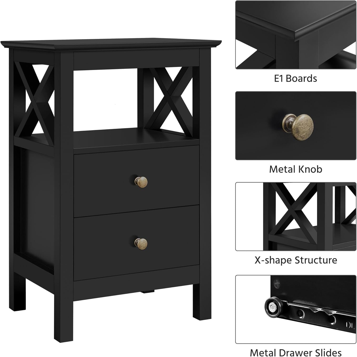 Set of 2 Black Bedside Tables with Drawers & Shelf – Modern X-Design Nightstands