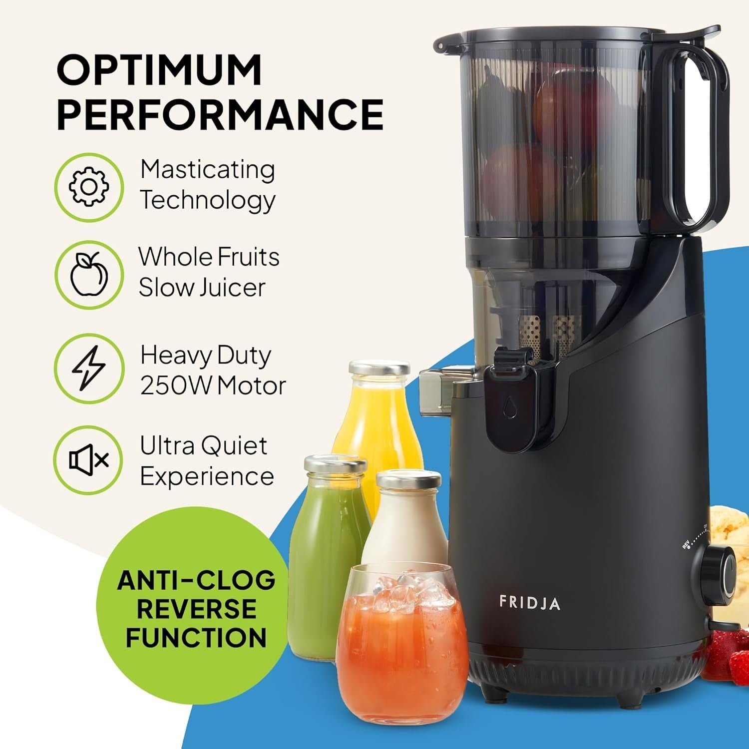 Cold Press Juicer 135mm Wide Chute Whole Fruit 250W Quiet High Yield