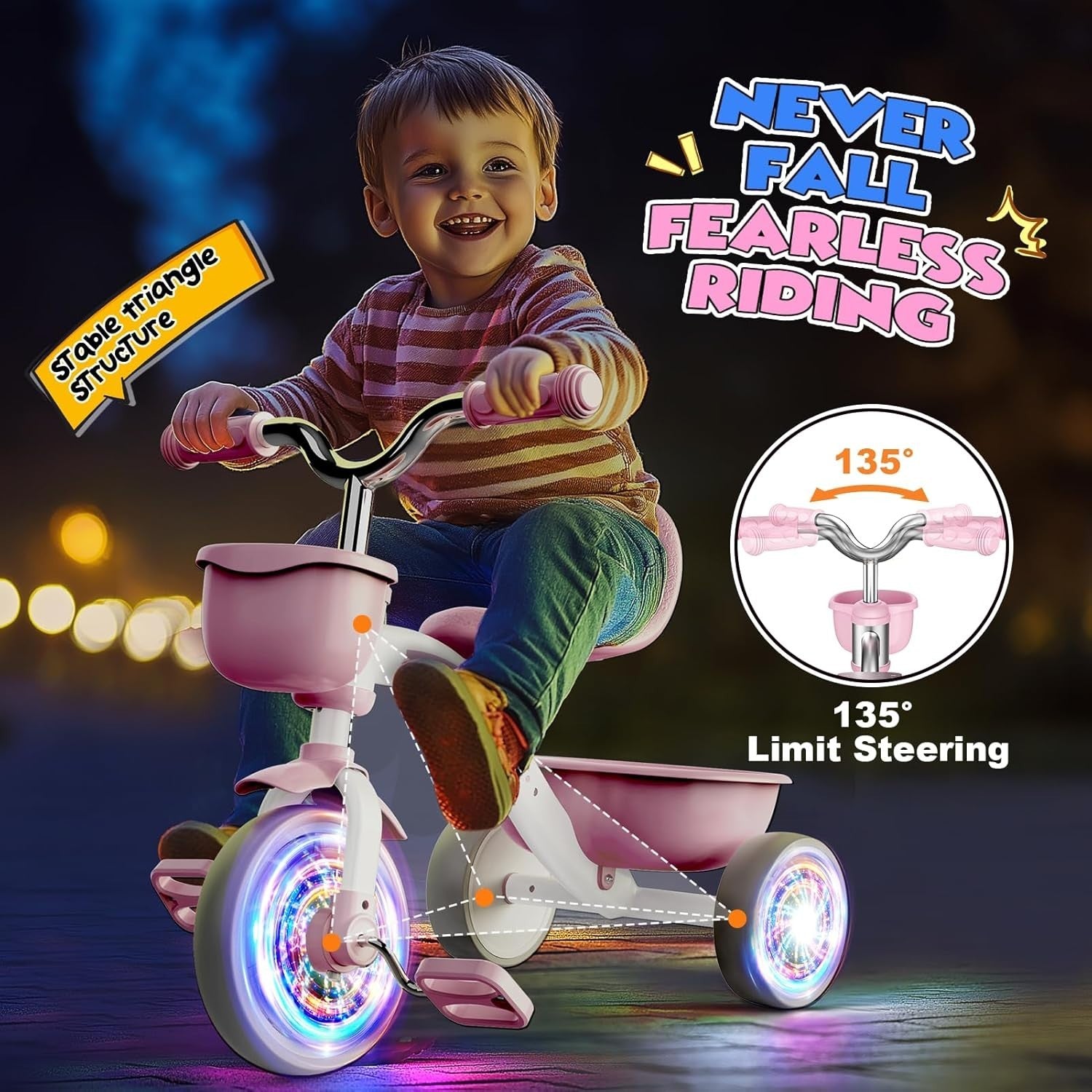 Girls Tricycle Balance Bike LED Light Wheels Adjustable Seat Pink 2-5Y