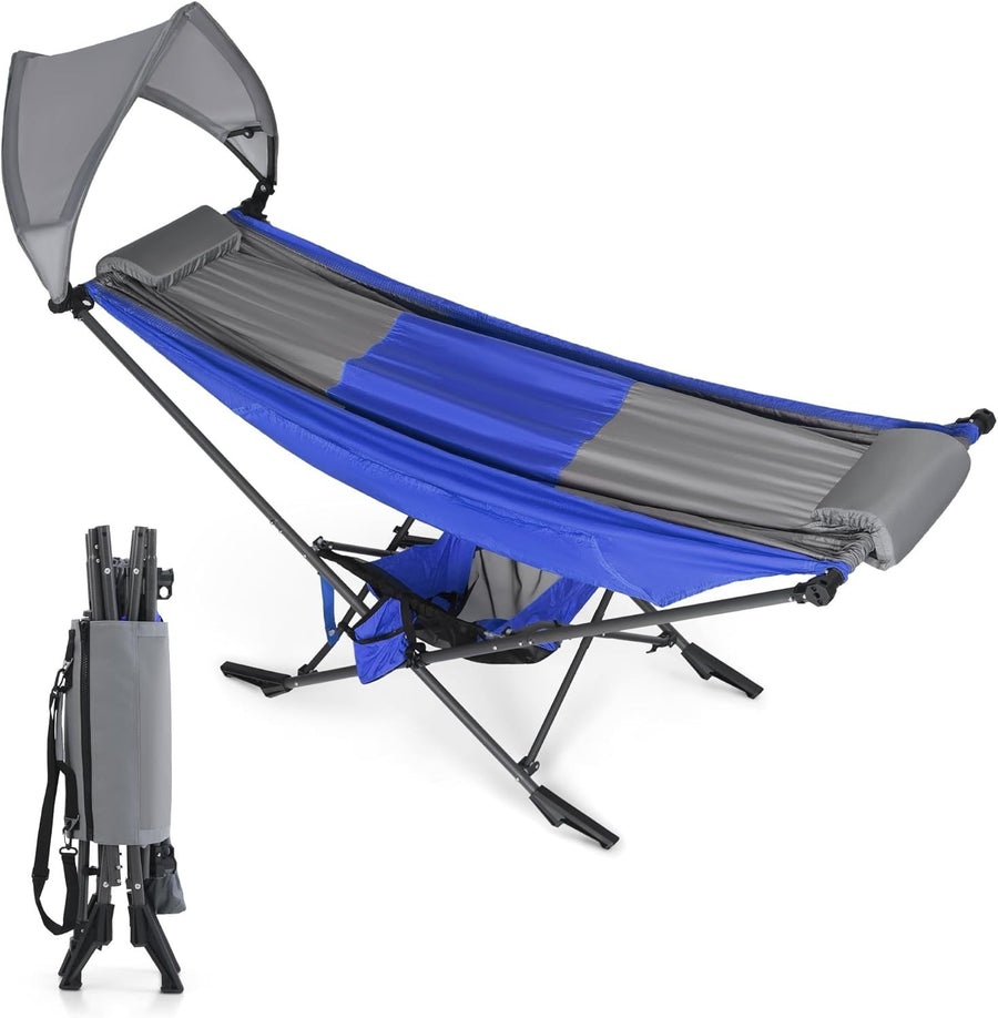 Blue Portable Hammock with Stand & Adjustable Canopy | 168x76cm Heavy-Duty