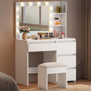 White Modern Vanity Dressing Table w/ 12 LED Lights Mirror Stool 4 Drawer Storag